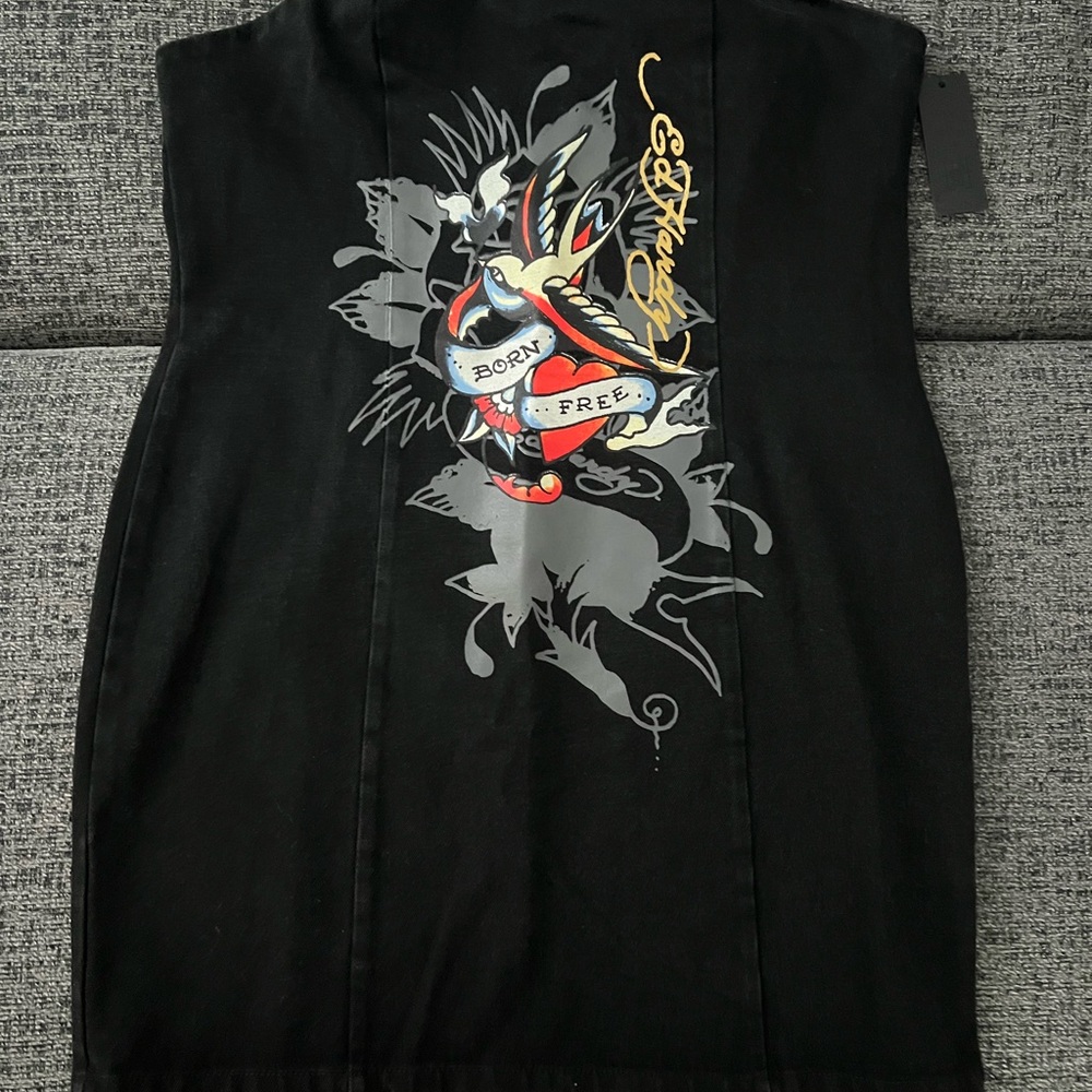 Ed Hardy Black Denim Dress with Heart and Text Design